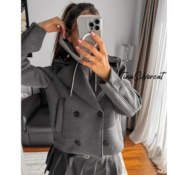 BLOGGER'S FAVE! Zara Hooded Cropped Jacket Gray NWT - Picture 2 of 9